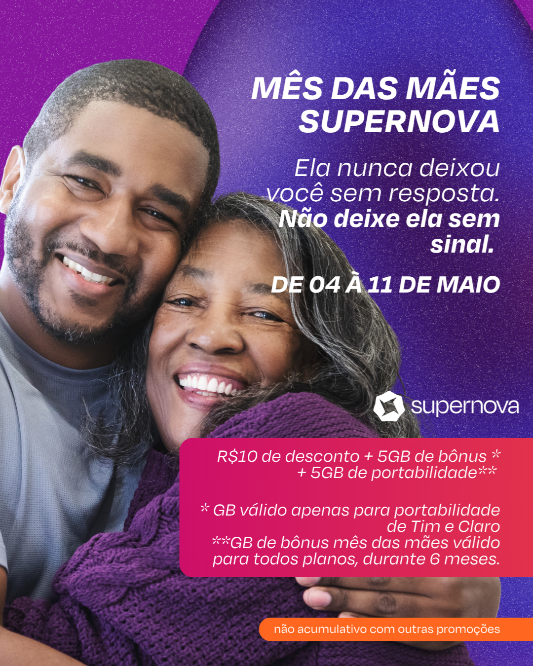 Promo poster with a smiling older woman and a younger man embracing, purple gradient background, and bold Portuguese text about 'MÊS DAS MÃES SUPERNOVA' with promotional dates and logo.